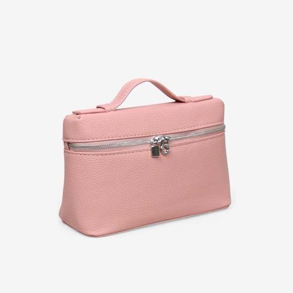Loro Top Handle Extra Pocket Small Pouch Handbag, Pink Grained Faux Leather - Picture 2 of 3